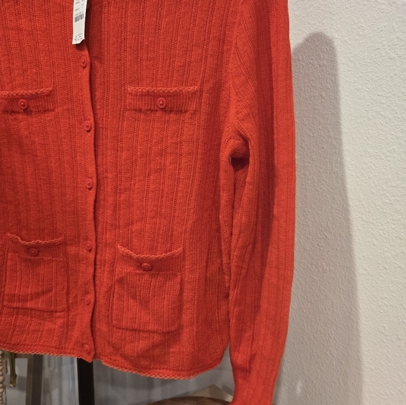 NWT J CREW Featherweight cashmere pointelle shrunken cardigan sweater red Sz L - Picture 2 of 11